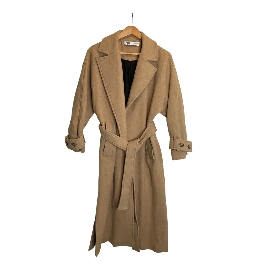 Zara Camel Wool Blend Wrap Long Trench Coat Belted Oversized Neutral Luxury XS - Picture 1 of 8
